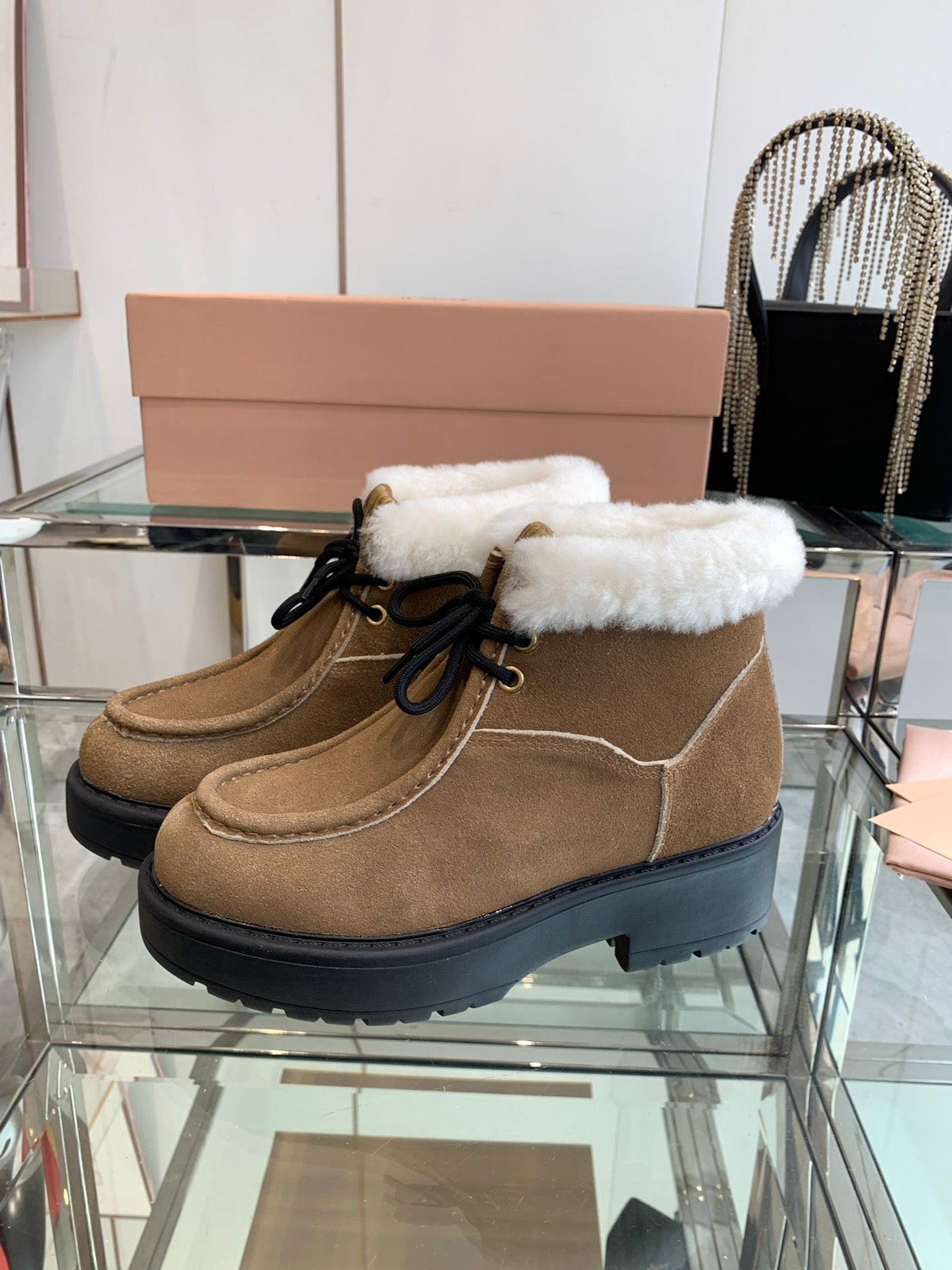 Miu Short Wool Boots   Brown Open-Hemmed Cowhide
