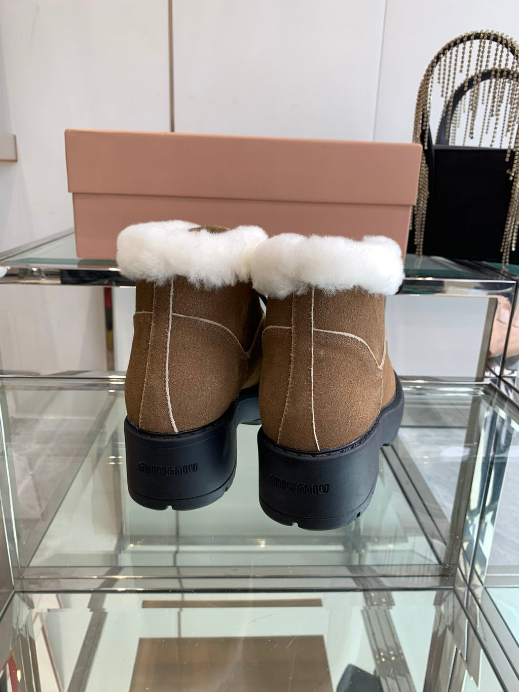 Miu Short Wool Boots   Brown Open-Hemmed Cowhide
