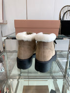 Miu Short Wool Boots Khaki Brown Open-Hemmed Cowhide