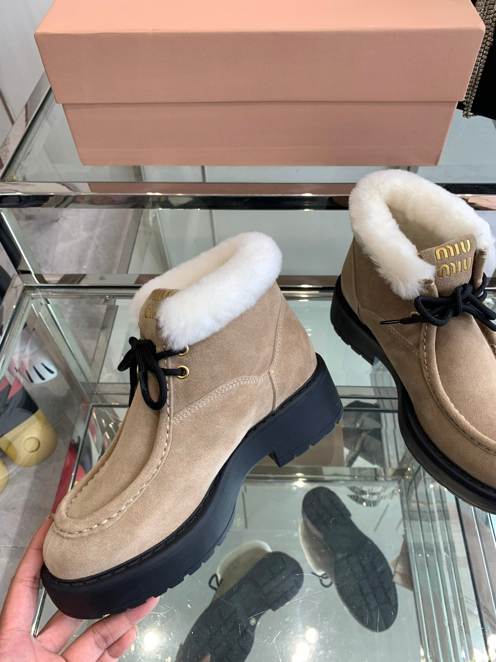 Miu Short Wool Boots Khaki Brown Open-Hemmed Cowhide