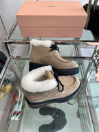 Miu Short Wool Boots Khaki Brown Open-Hemmed Cowhide