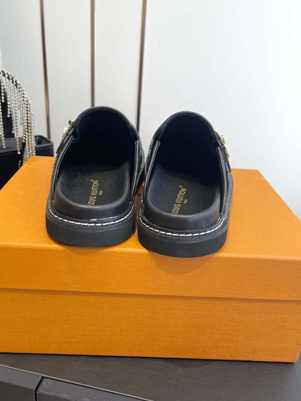 LV Cosy Comfort Mule Sandals Black Gold Denim Monogrammed 533457