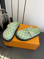 LV Cosy Comfort Mule Sandals Green Gold Denim Monogrammed 533458