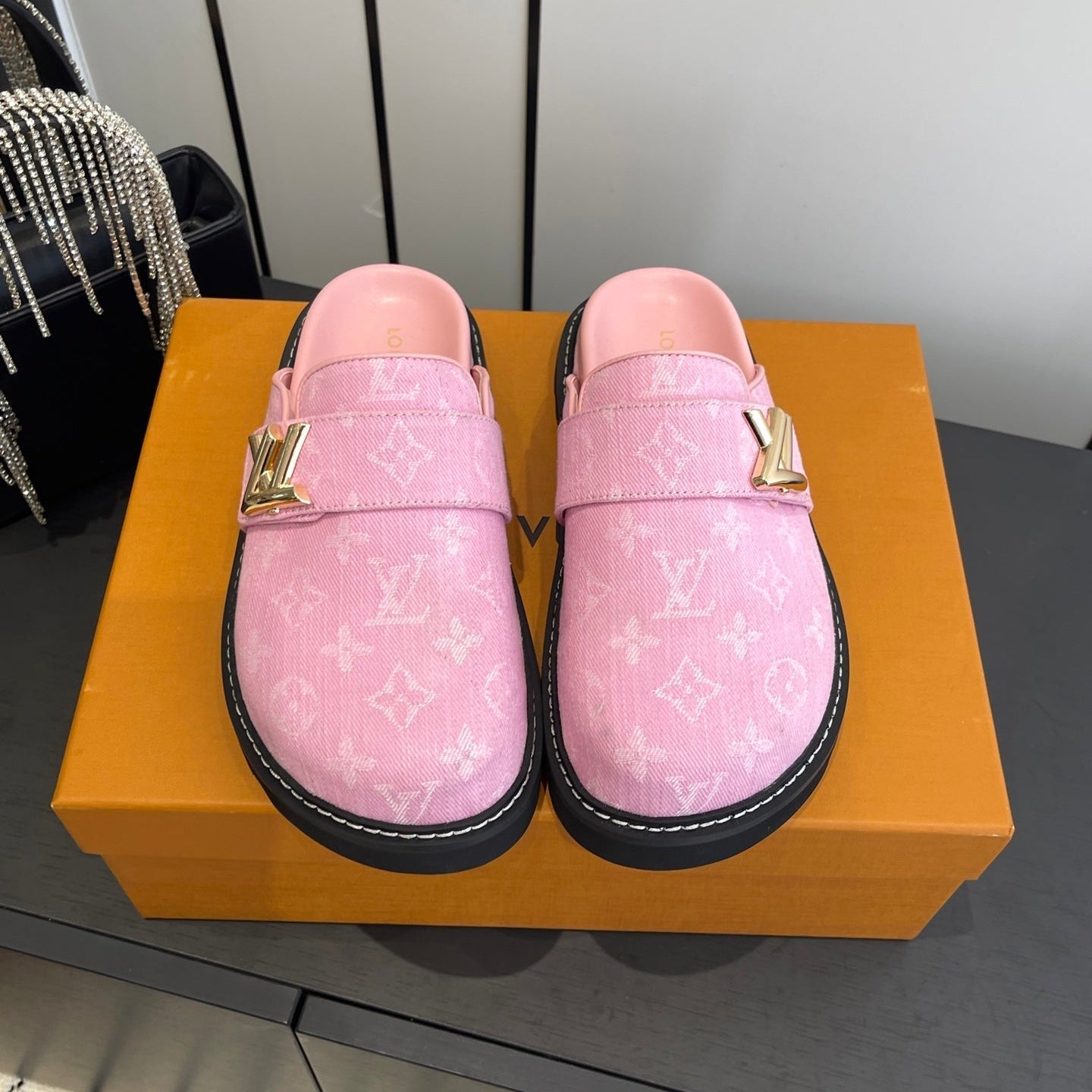 LV Cosy Comfort Mule Sandals Pink Gold Denim Monogrammed 533459
