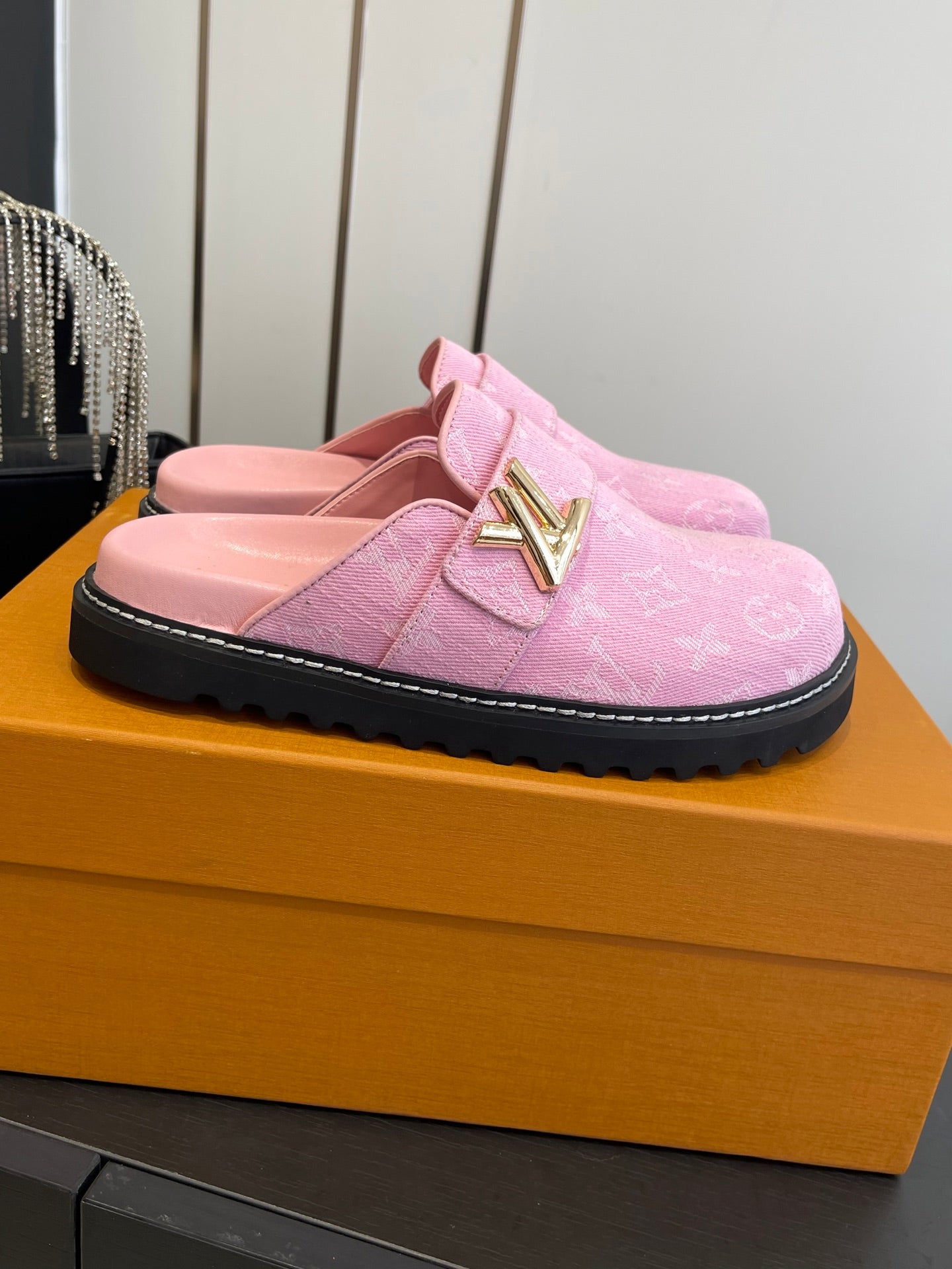 LV Cosy Comfort Mule Sandals Pink Gold Denim Monogrammed 533459
