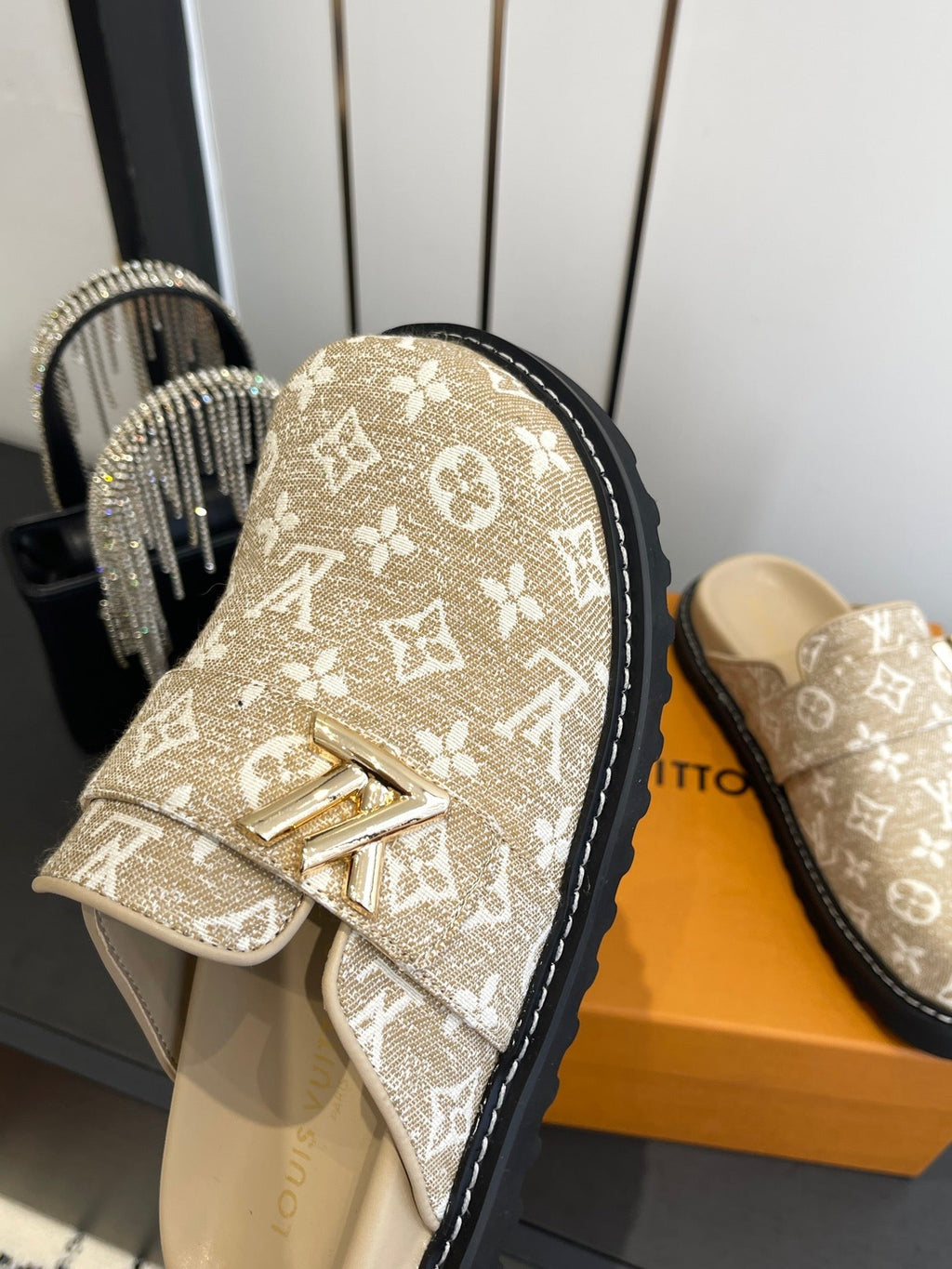 LV Cosy Comfort Mule Sandals Beige Gold Denim Monogrammed 533460