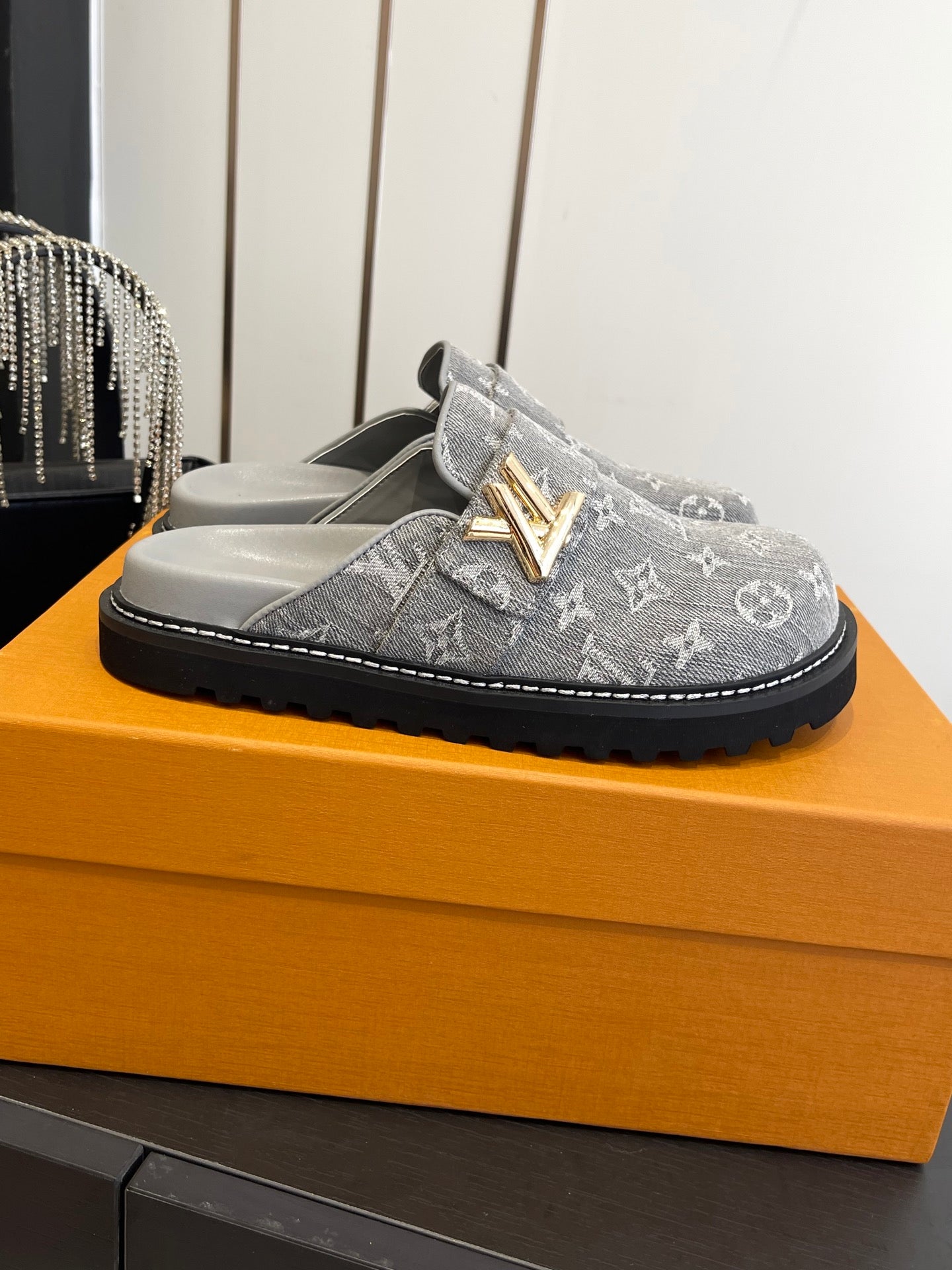 LV Cosy Comfort Mule Sandals Grey Gold Denim Monogrammed 533461