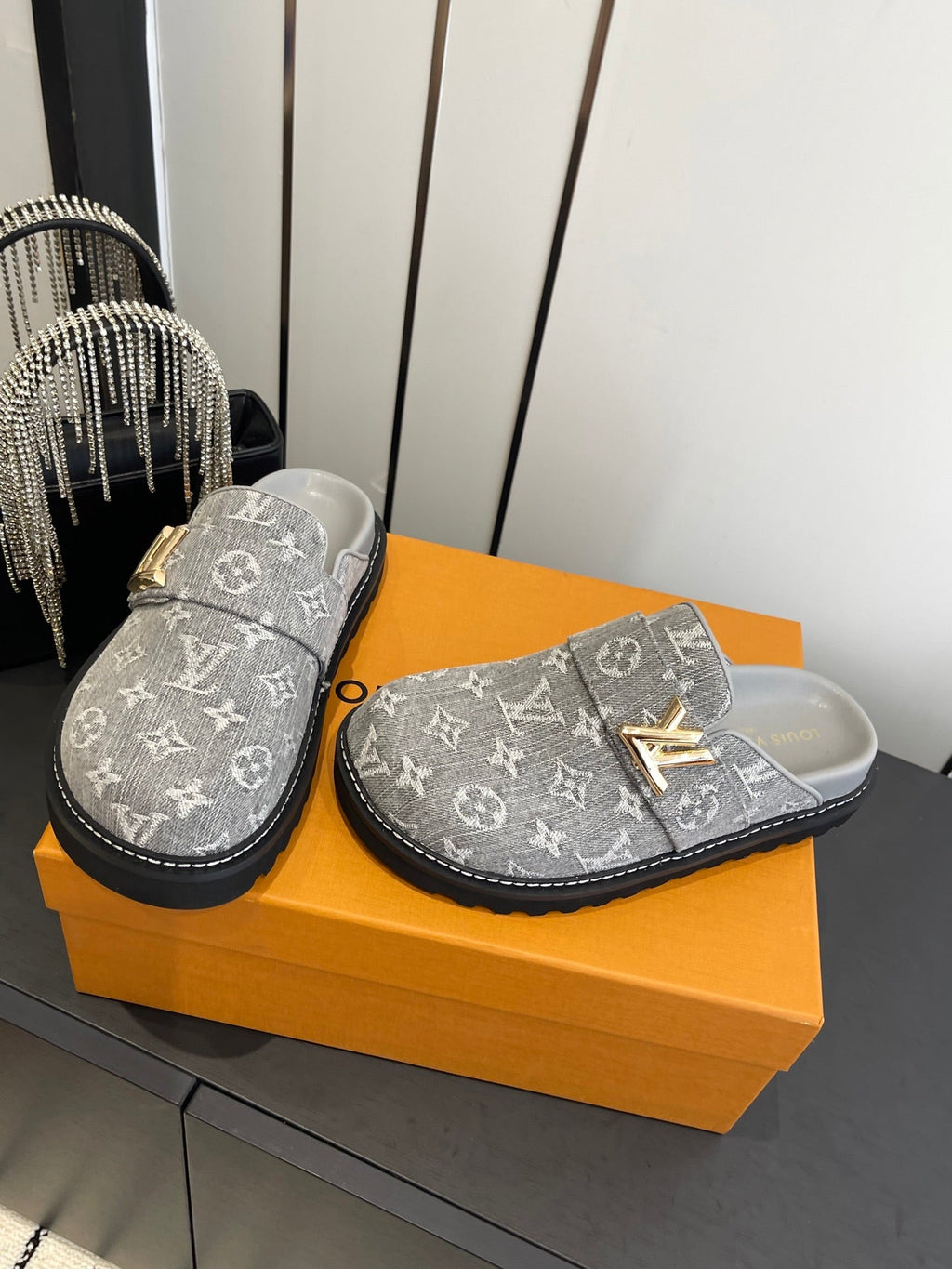 LV Cosy Comfort Mule Sandals Grey Gold Denim Monogrammed 533461