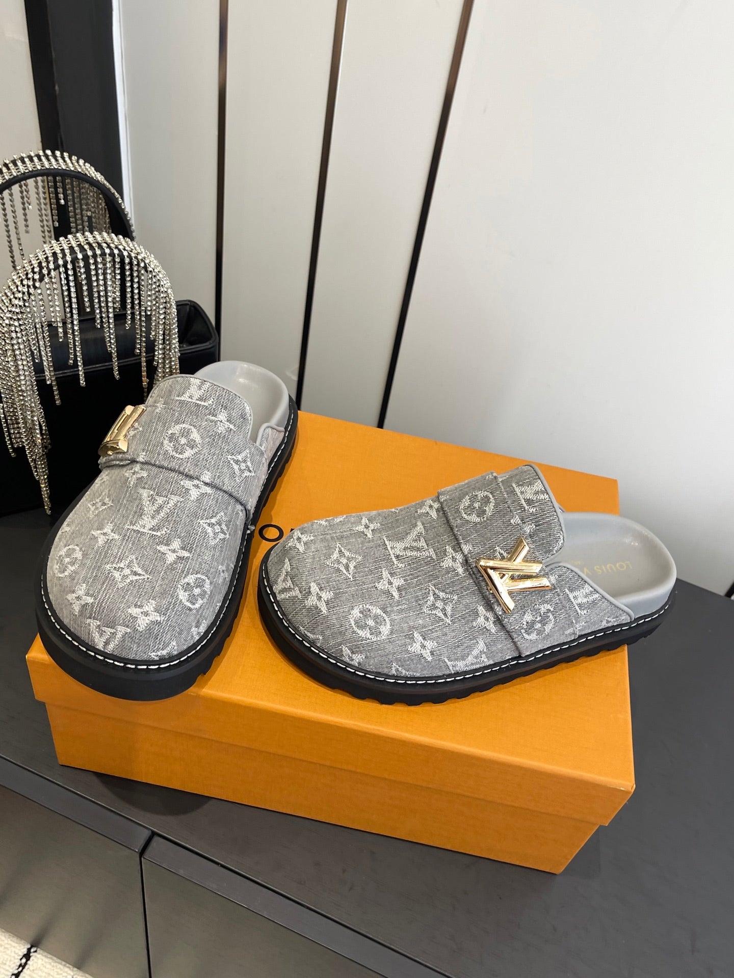 LV Cosy Comfort Mule Sandals Grey Gold Denim Monogrammed 533461