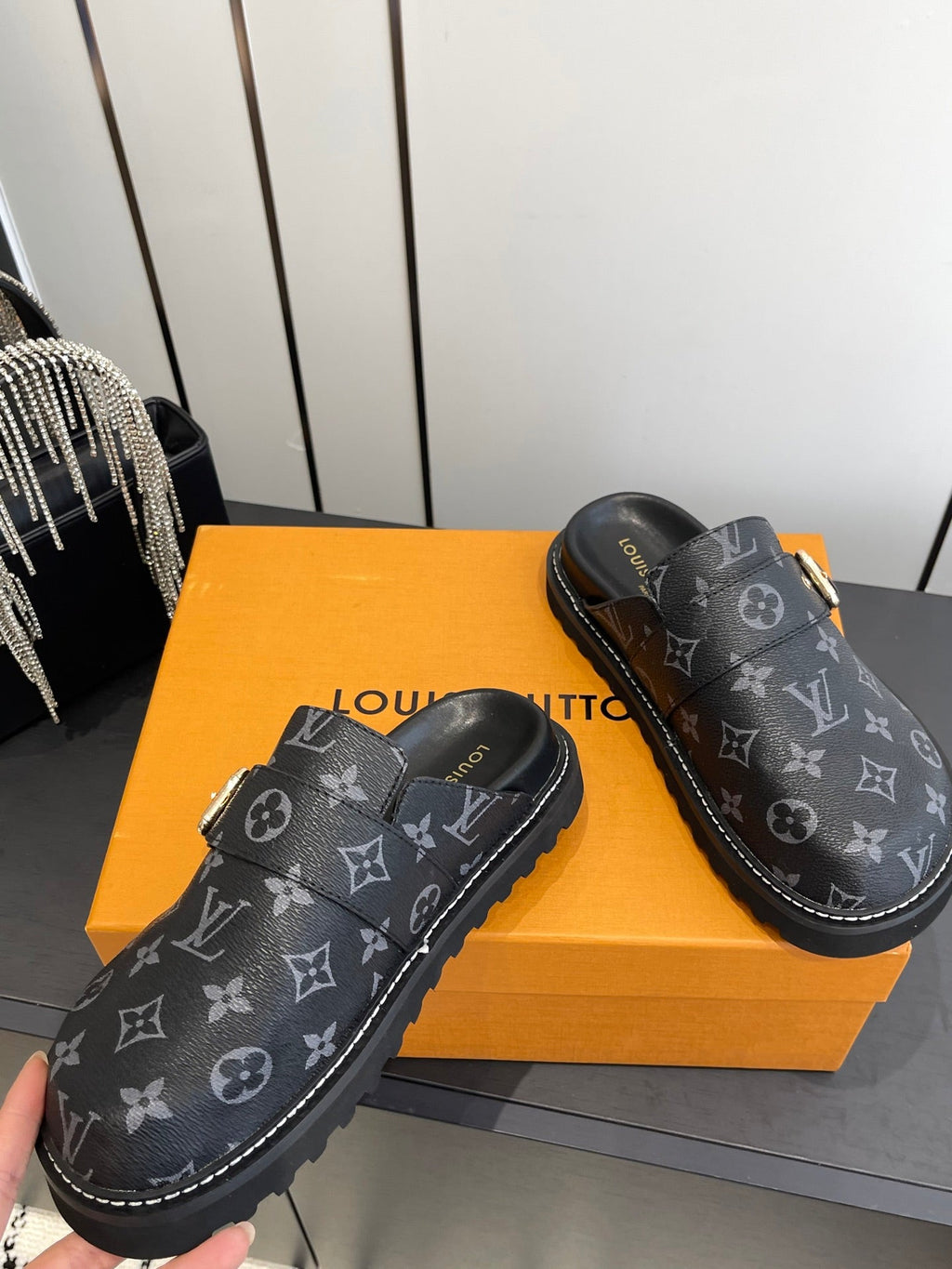 LV Cosy Comfort Mule Sandals Black Gold Denim Leather 533463