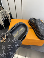 LV Cosy Comfort Mule Sandals Black Gold Denim Leather 533463