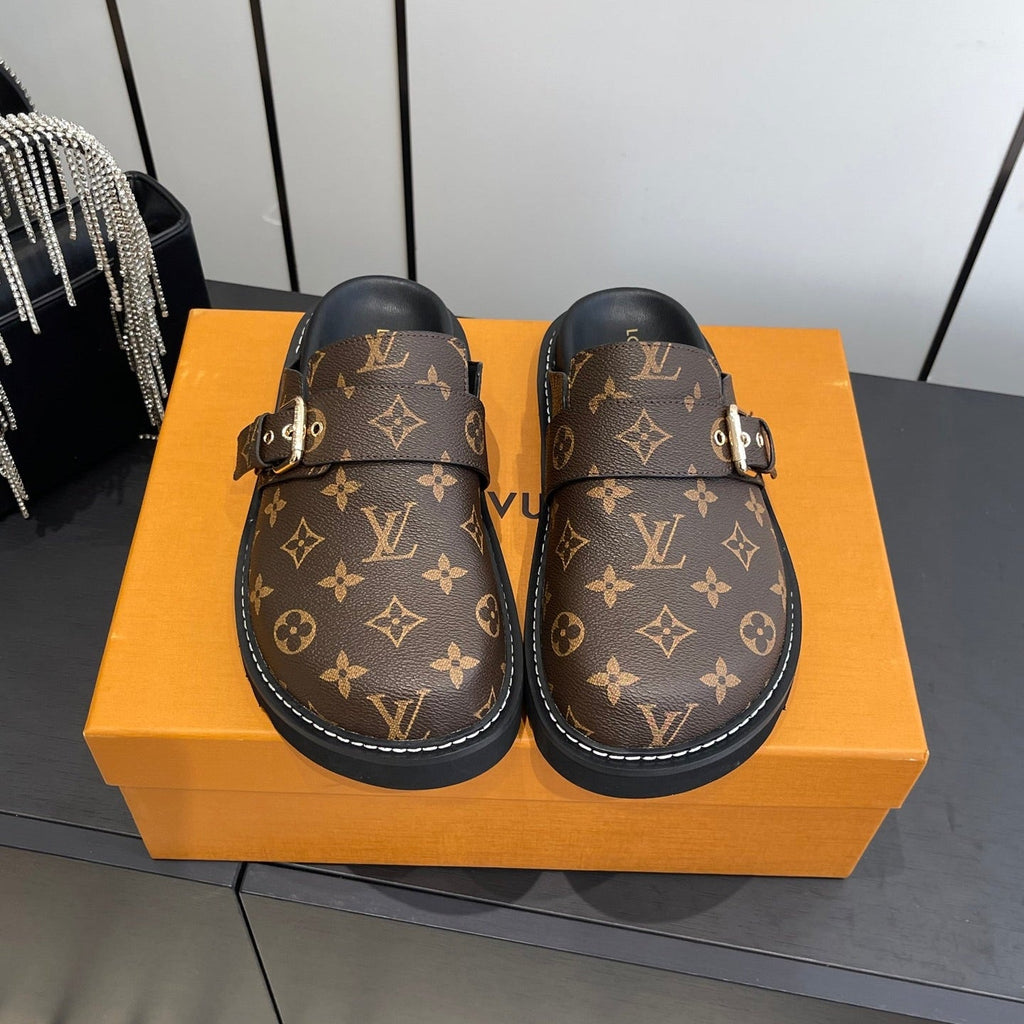 LV Cosy Comfort Mule Sandals Brown Gold Denim Leather 533464