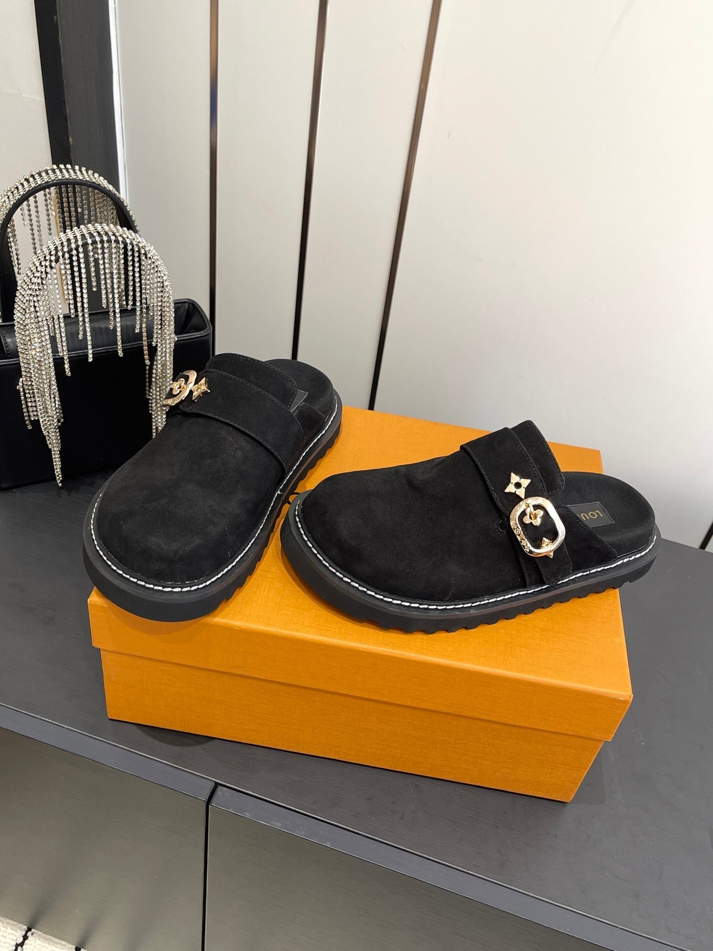 LV Cosy Comfort Mule Sandals Black Gold Suede 533465