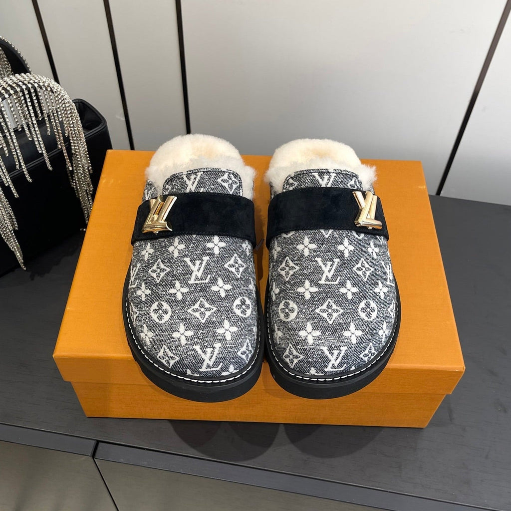 LV Cosy Flat Slippers Comfort Clog Black Grey BeigeLeather  Monogram Fur 533468