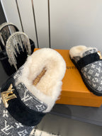 LV Cosy Flat Slippers Comfort Clog Black Grey BeigeLeather  Monogram Fur 533468