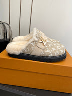 LV Cosy Flat Slippers Comfort Clog Beige Leather  Monogram Fur 533469
