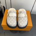 LV Cosy Flat Slippers Comfort Clog Light Khaki Beige Leather Monogram Fur 533470