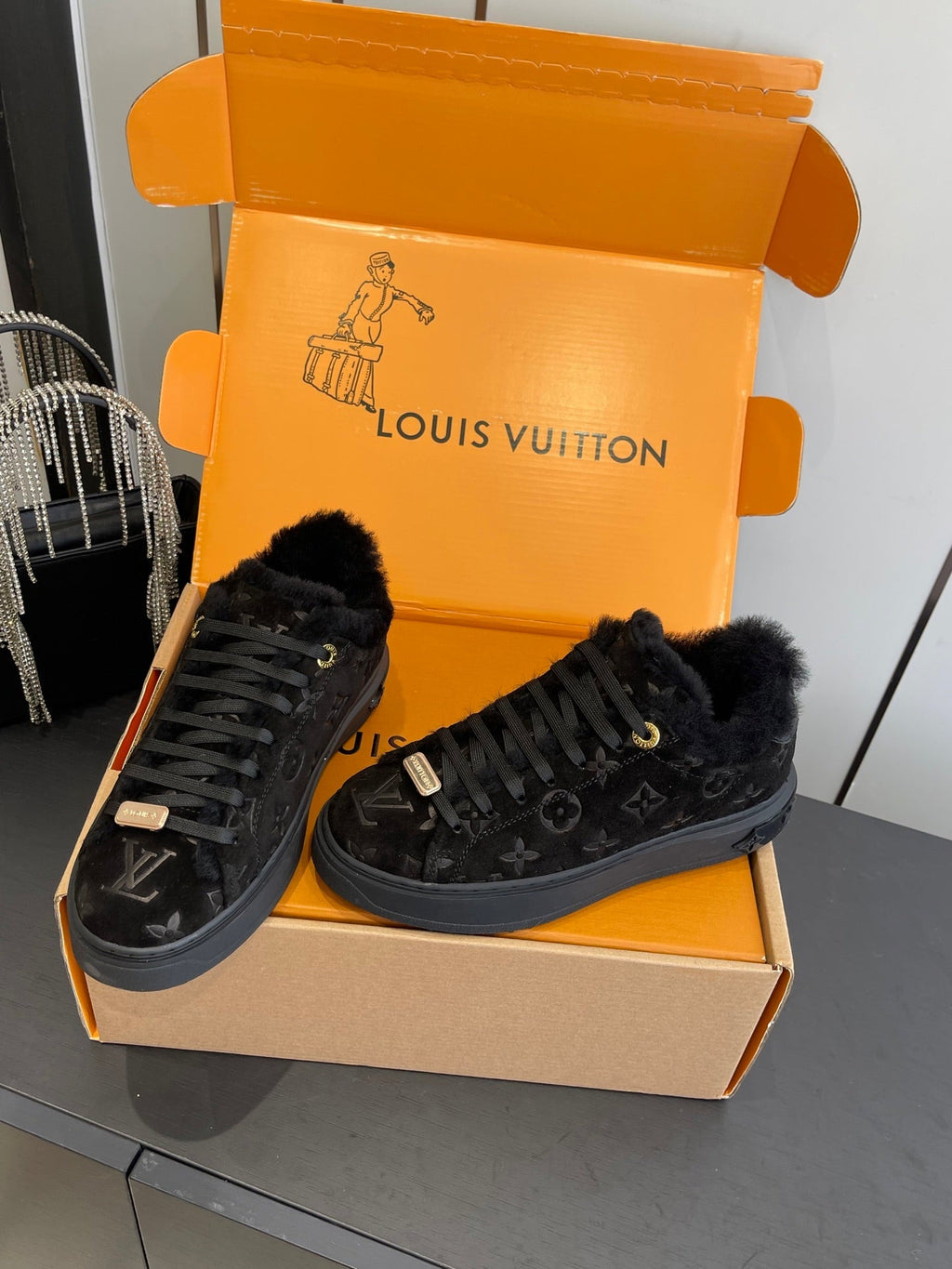 LV Time Out Sneaker 40mm Black Monogram Suede Fleece Lined 533471