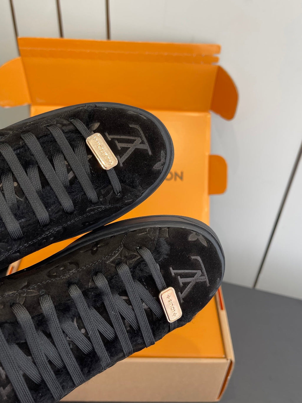 LV Time Out Sneaker 40mm Black Monogram Suede Fleece Lined 533471