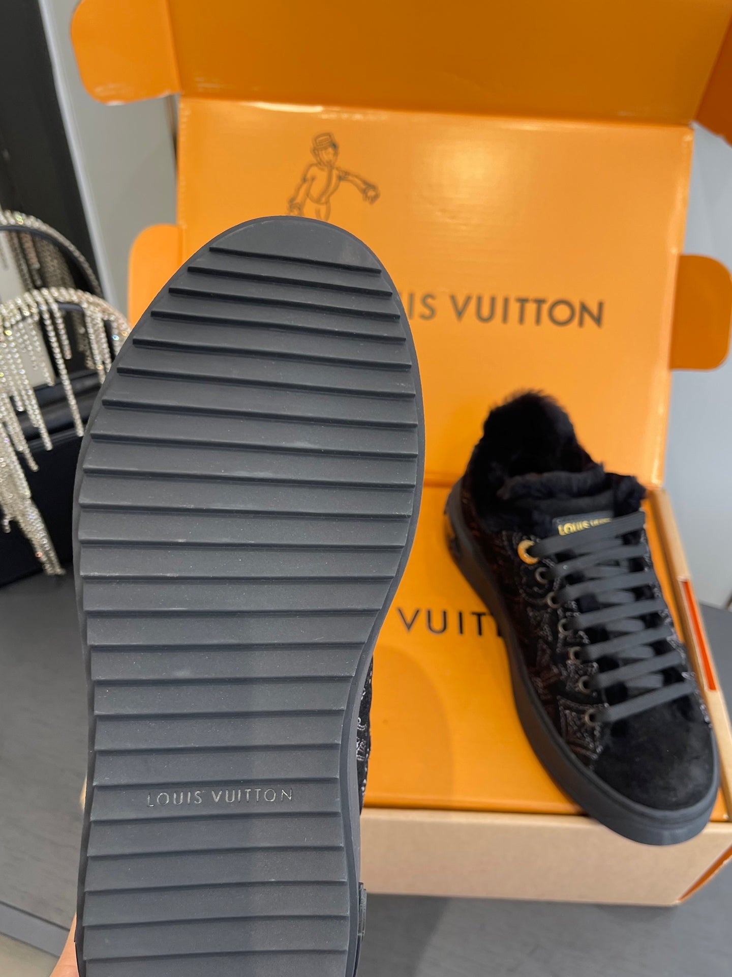 LV Time Out Sneaker 40mm Black Monogram Denim Suede Fleece Lined 533474