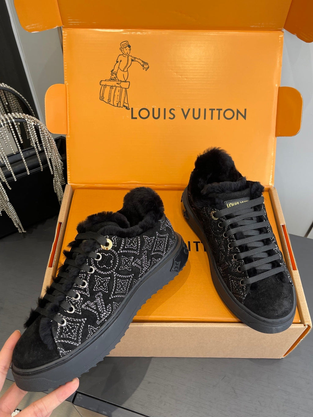 LV Time Out Sneaker 40mm Black Monogram Denim Suede Fleece Lined 533474