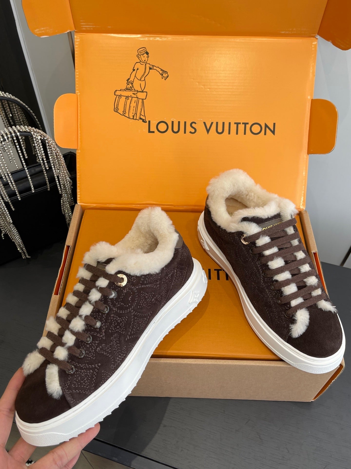 LV Time Out Sneaker 40mm Marron White Monogram Denim Suede Fleece Lined 533475