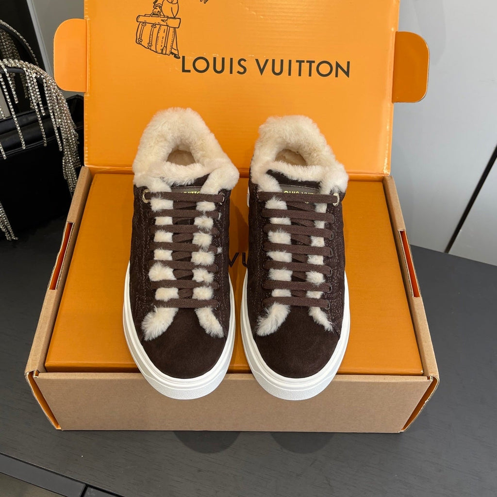 LV Time Out Sneaker 40mm Marron White Monogram Denim Suede Fleece Lined 533475