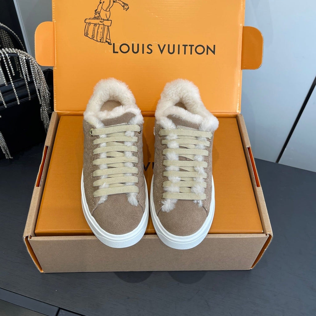 LV Time Out Sneaker 40mm Brown Cream Monogram Denim Suede Fleece Lined 533476