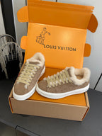 LV Time Out Sneaker 40mm Brown Cream Monogram Denim Suede Fleece Lined 533476
