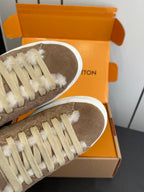 LV Time Out Sneaker 40mm Brown Cream Monogram Denim Suede Fleece Lined 533476