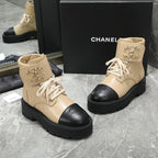 CC Interlocking Logo Combat Boots Black Beige Quilted Lambskin 432653