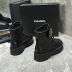 CC Interlocking Logo Combat Boots Full Black Quilted Lambskin 432654