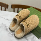 GG Horsebit Mules Beige Wool Leather
