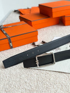 HM Silver Tube H Buckle Belt 38mm Black Leather 187780