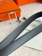 HM Silver Tube H Buckle Belt 38mm Black Leather 187780