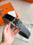 HM Silver Hadrien Reversible 38mm Belt Black Chocolate Leather 188079