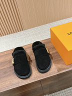 LV Cosy Flat Comfort Clog Black Fur Lining Suede