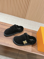LV Cosy Flat Comfort Clog Black Fur Lining Suede