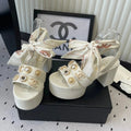 CC 26s Platform Sandals 75 White Sheepskin Mixed Gold Charm 650089