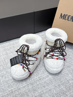Moon Boot Icon Low Faux Fur White with Beaded Brown Laces 515590