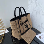 CC 25 Deauville Tote Bag 34cm Beige Black Crochet Suede