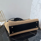 CC 25 Deauville Tote Bag 34cm Beige Black Crochet Suede