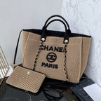 CC 25 Deauville Tote Bag 38cm Beige Black Crochet Suede
