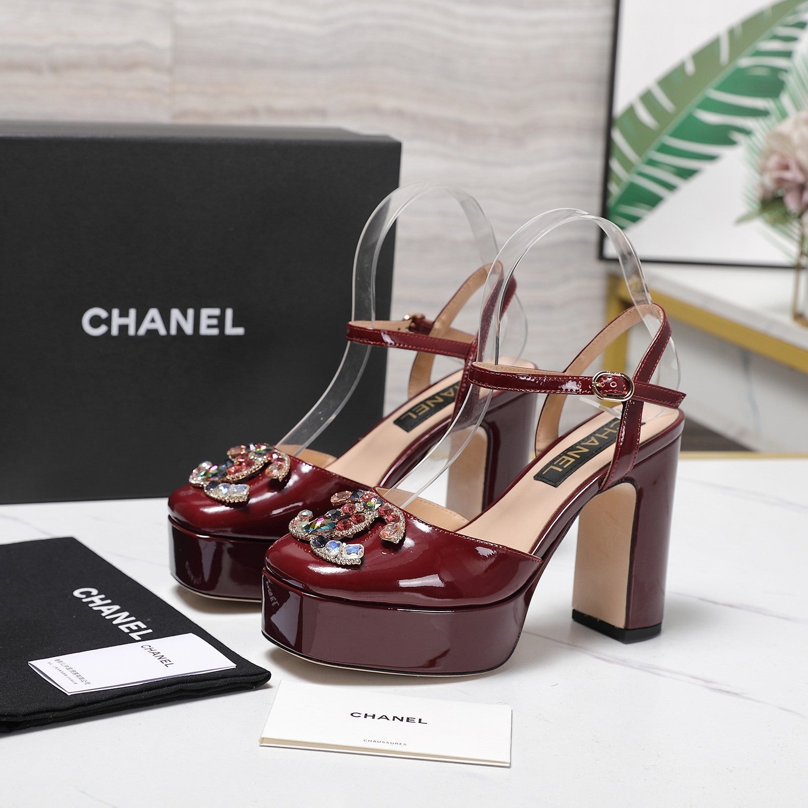 CC 25s Multicolor Stones Buckle Sandals 110mm Burgundy Patent Leather & Sheepskin 425826