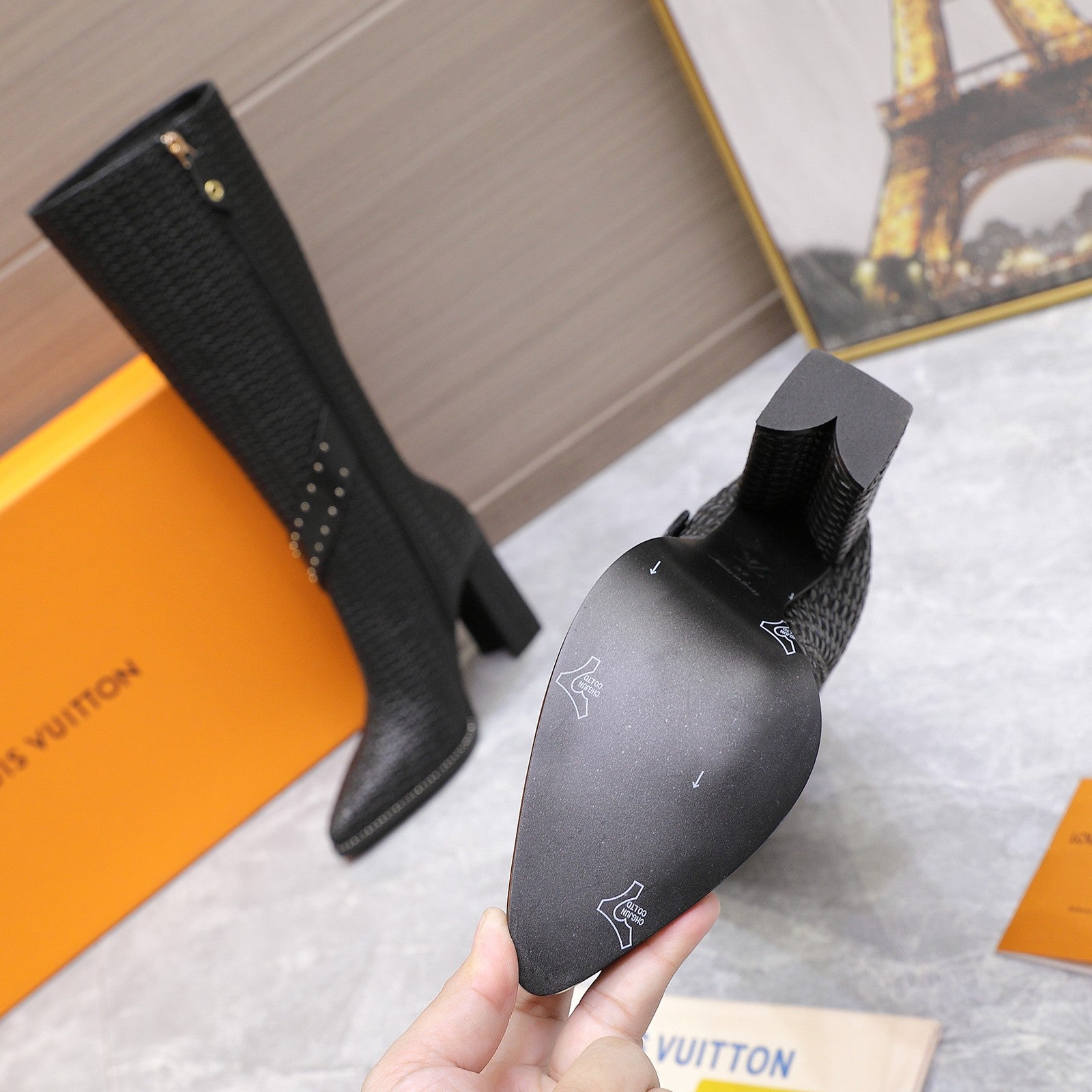 LV x Silhouette Basketweave Pattern Long Boots 95mm Black Leather 425686