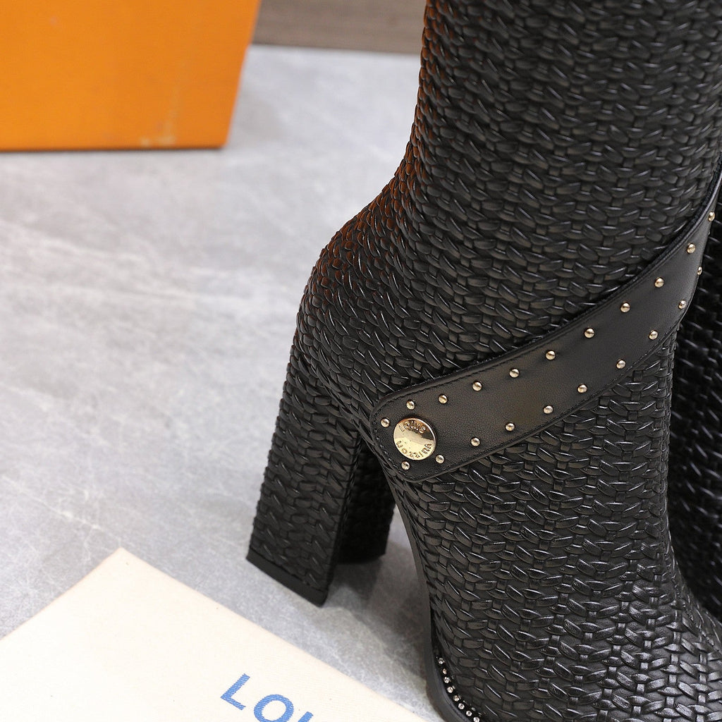LV x Silhouette Basketweave Pattern Long Boots 95mm Black Leather 425686