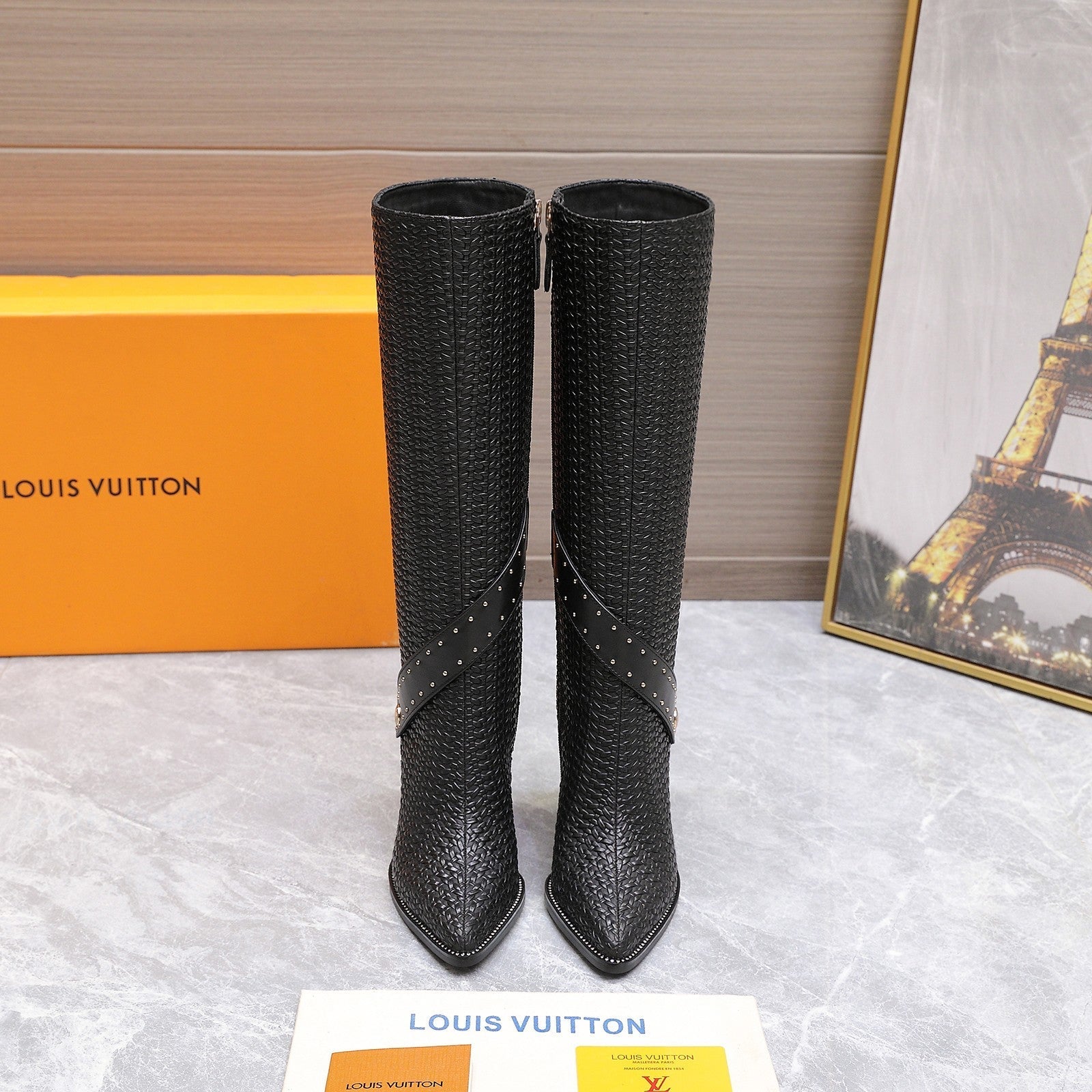 LV x Silhouette Basketweave Pattern Long Boots 95mm Black Leather 425686