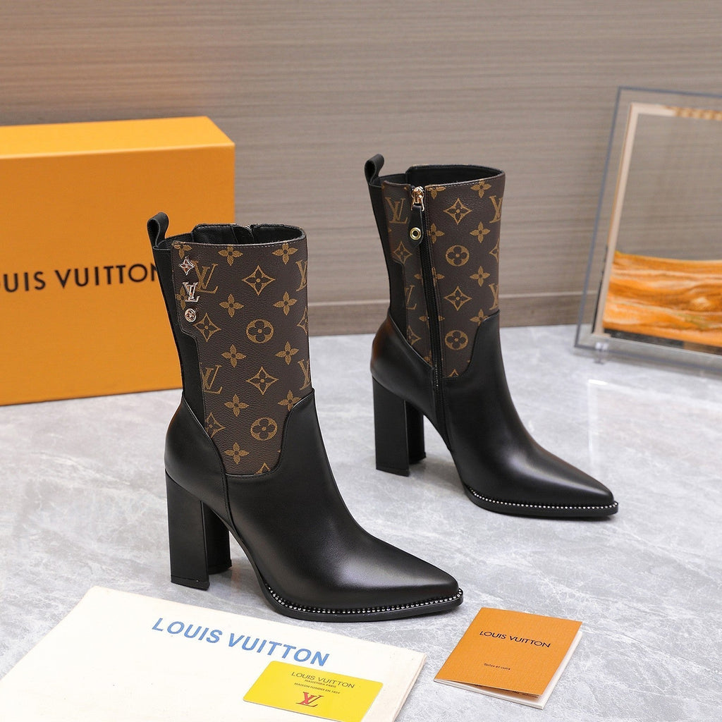 LVx Silhouette Ankle Boot 95mm Brown Black Calfskin & Monogram Canvas 425688