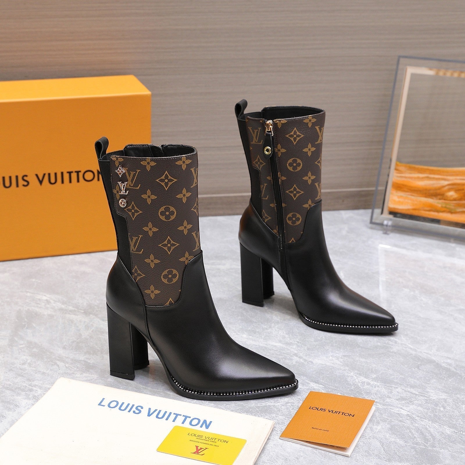 LVx Silhouette Ankle Boot 95mm Brown Black Calfskin & Monogram Canvas 425688