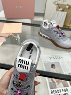 Miu TYRE Sneakers with Decorative Buckle Grey Suede Technical Fabric 456338